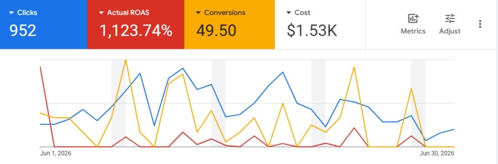 1,123% return on ad spend from a Performance Max campaign, with 49.50 conversions.