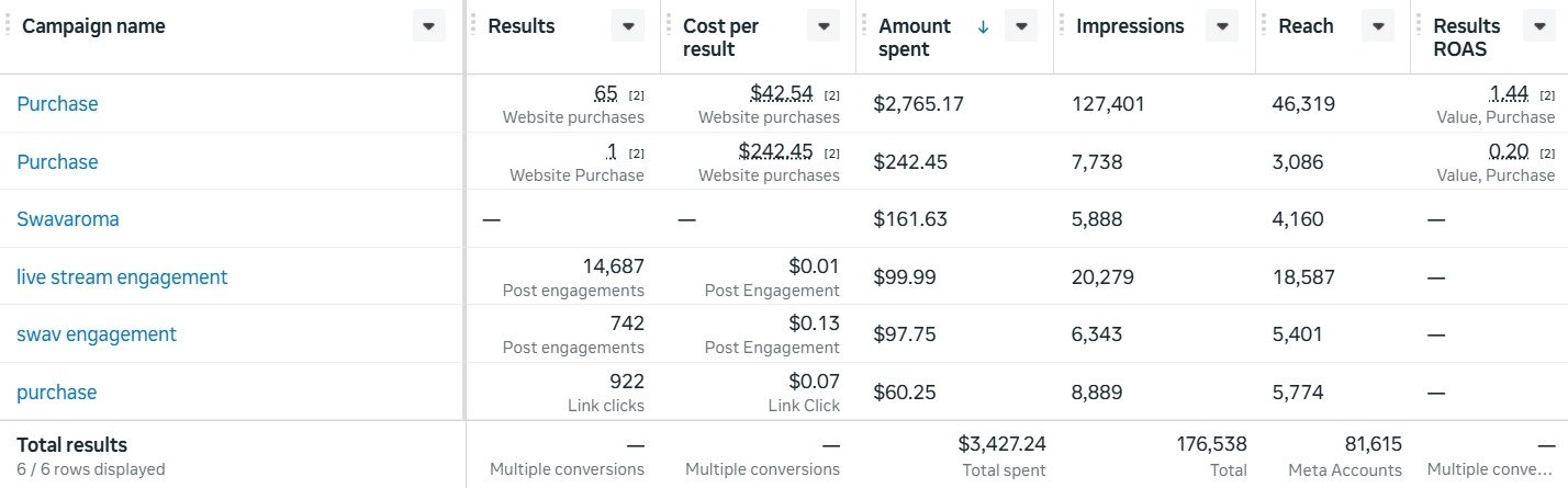 66 purchases and thousands of engagements across 6 active Meta campaigns, at costs as low as $0.01 per result.